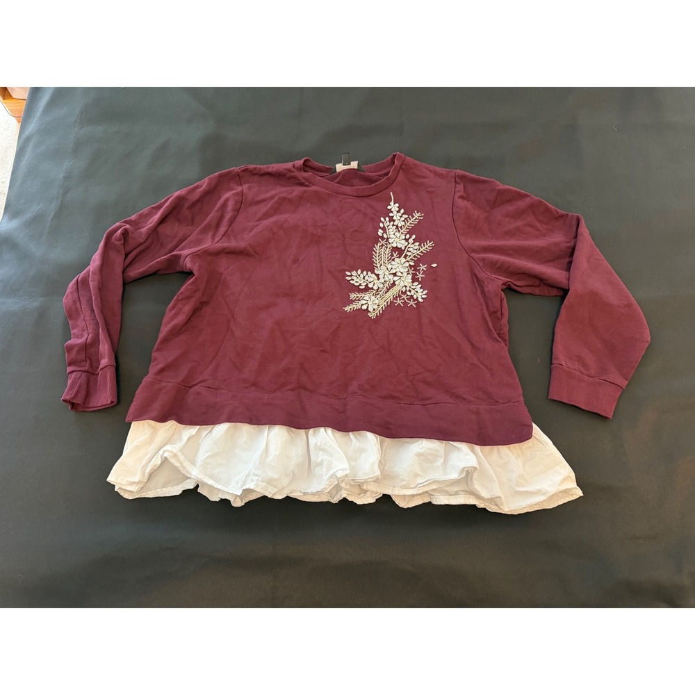Calligraphie Burgundy Embellished Ruffle Hem Sweatshirt XL Maroon Rhinestone Top